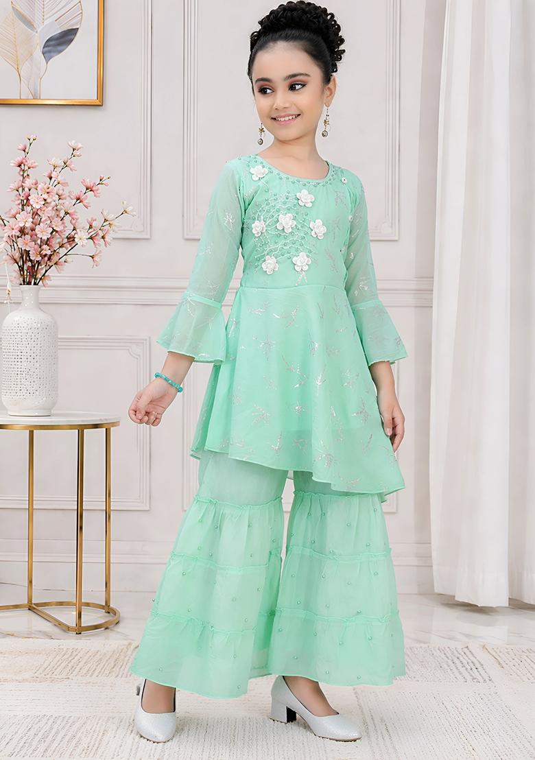 Green Printed Georgette Kurta Set For Girls - Indya
