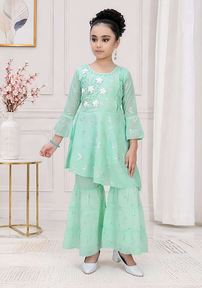 Green Printed Georgette Kurta Set For Girls - Indya