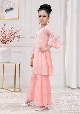 Peach Printed Georgette Kurta Set For Girls