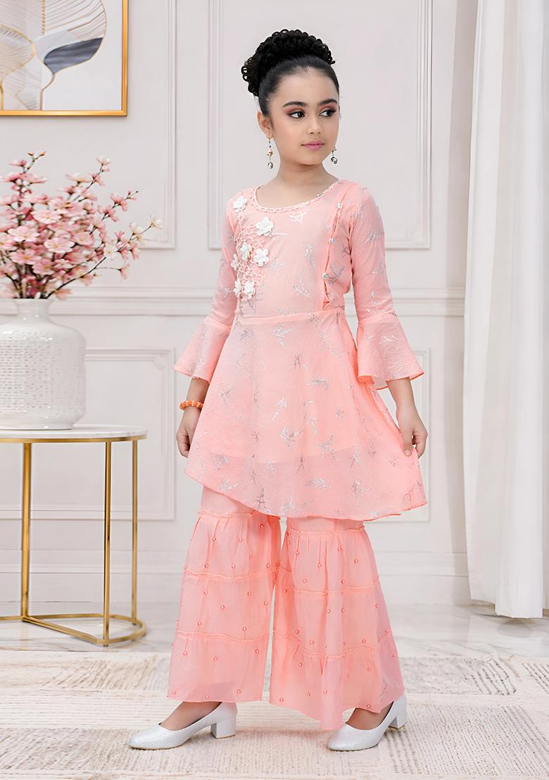 Peach Printed Georgette Kurta Set For Girls - Indya