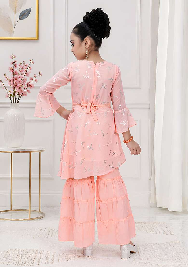 Peach Printed Georgette Kurta Set For Girls - Indya