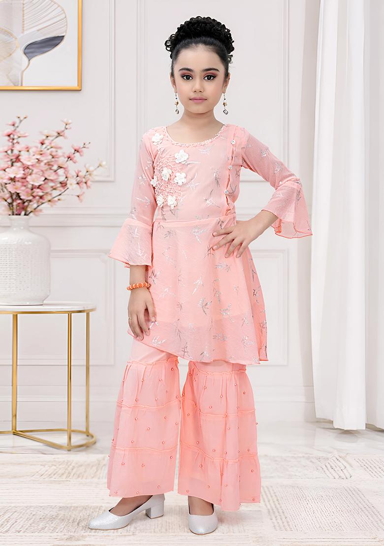 Peach Printed Georgette Kurta Set For Girls - Indya