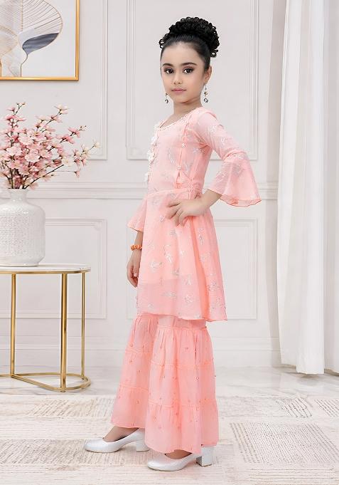 Peach Printed Georgette Kurta Set For Girls