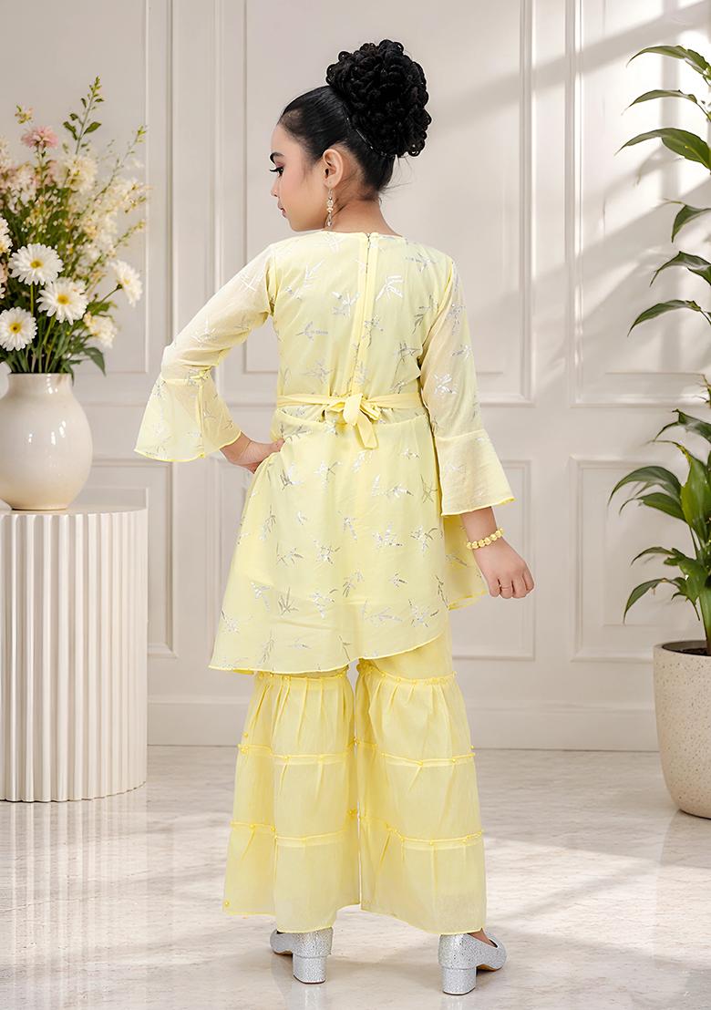Yellow Printed Georgette Kurta Set For Girls - Indya