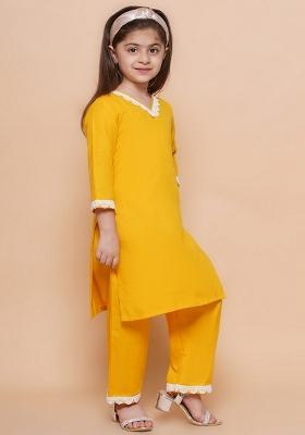 Mustard Embellished Cotton Kurta Set For Girls