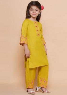 Olive Green Embroidered Cotton Kurta Set For Girls