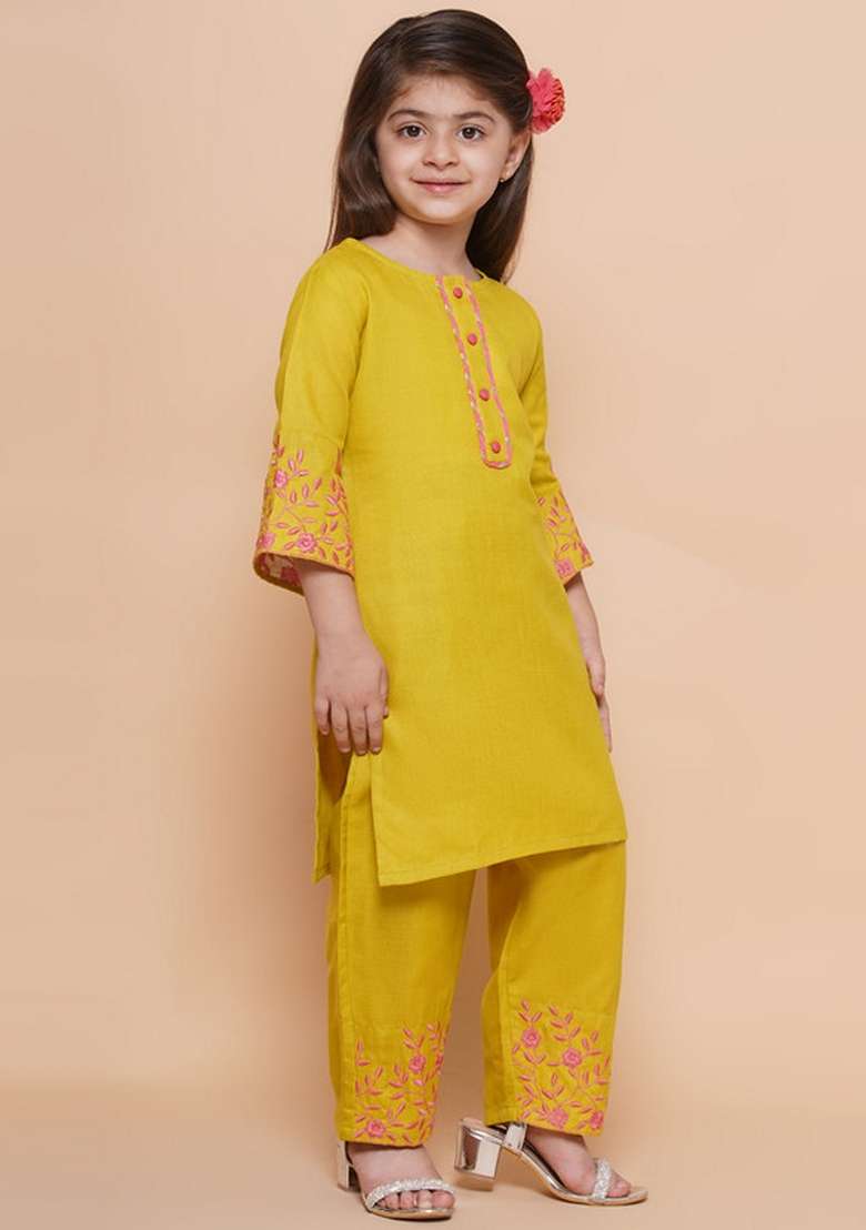Olive Green Embroidered Cotton Kurta Set For Girls - Indya