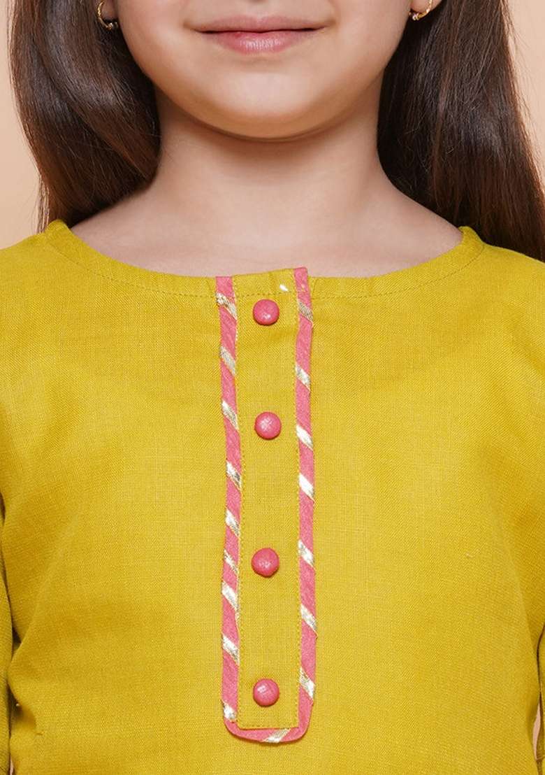 Olive Green Embroidered Cotton Kurta Set For Girls - Indya