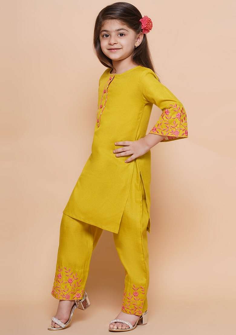 Olive Green Embroidered Cotton Kurta Set For Girls - Indya
