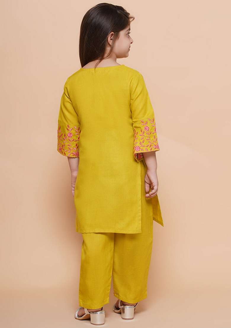Olive Green Embroidered Cotton Kurta Set For Girls - Indya