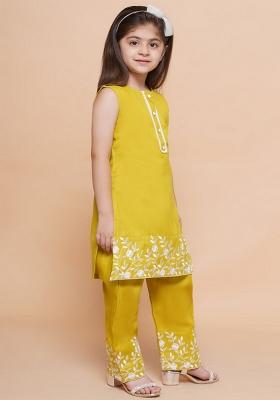 Olive Green Embroidered Cotton Kurta Set For Girls