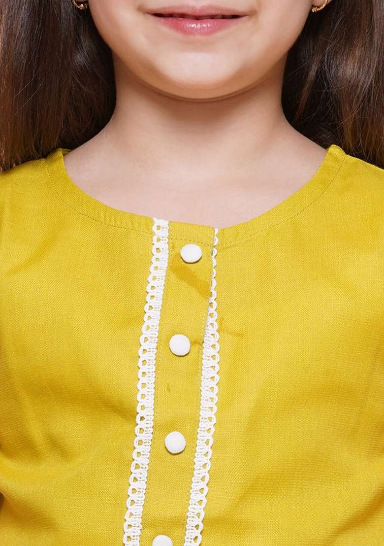Olive Green Embroidered Cotton Kurta Set For Girls - Indya