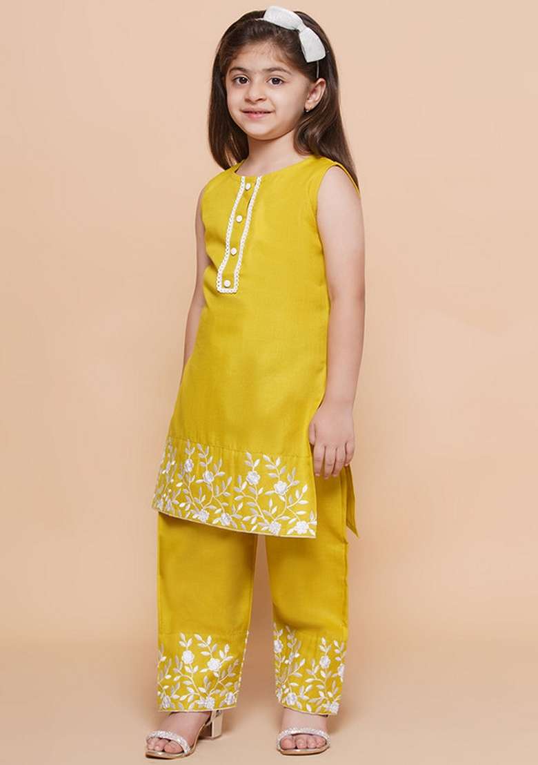 Olive Green Embroidered Cotton Kurta Set For Girls - Indya