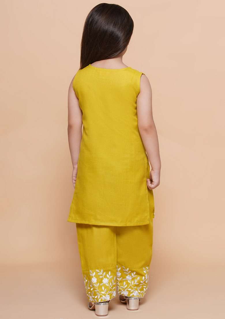 Olive Green Embroidered Cotton Kurta Set For Girls - Indya
