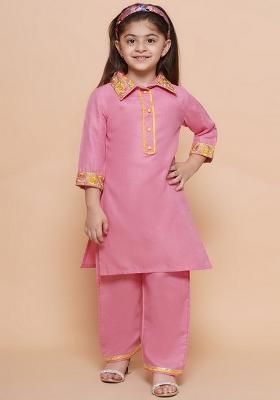Baby Pink Embroidered Cotton Kurta Set For Girls