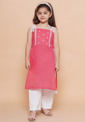 Peach And White Embroidered Cotton Kurta Set For Girls