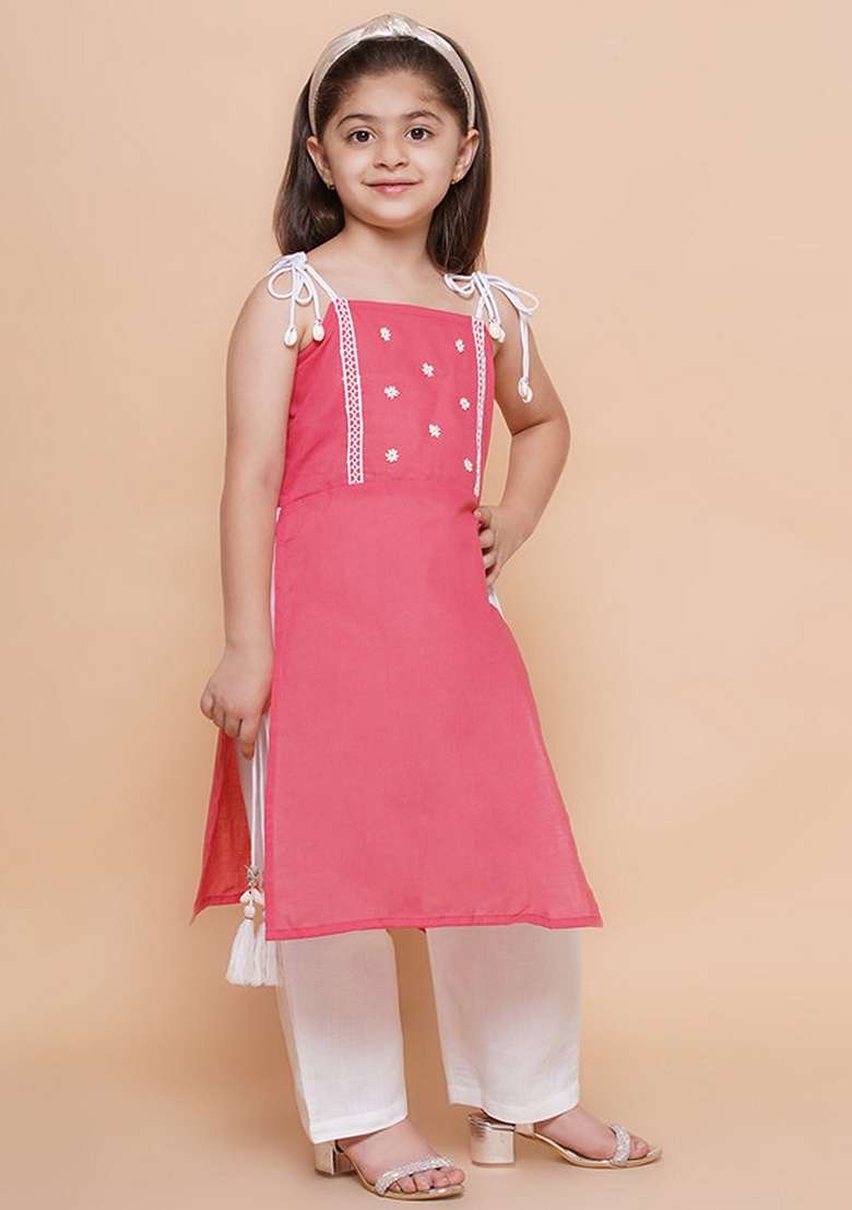 Peach And White Embroidered Cotton Kurta Set For Girls - Indya