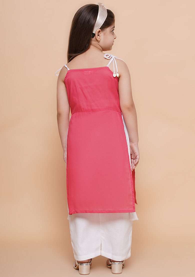 Peach And White Embroidered Cotton Kurta Set For Girls - Indya