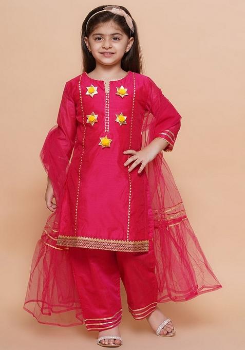 Pink Embellished Silk Palazzo Set For Girls — view on Indya