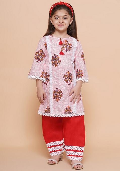 Red Printed Cotton Palazzo Set For Girls — view on Indya