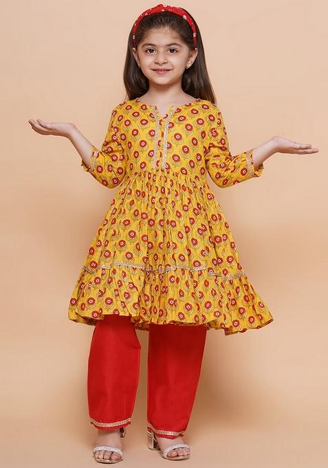 Mustard And Red Printed Cotton Palazzo Set For Girls — view on Indya