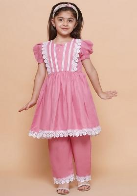 Baby Pink Embellished Cotton Palazzo Set For Girls