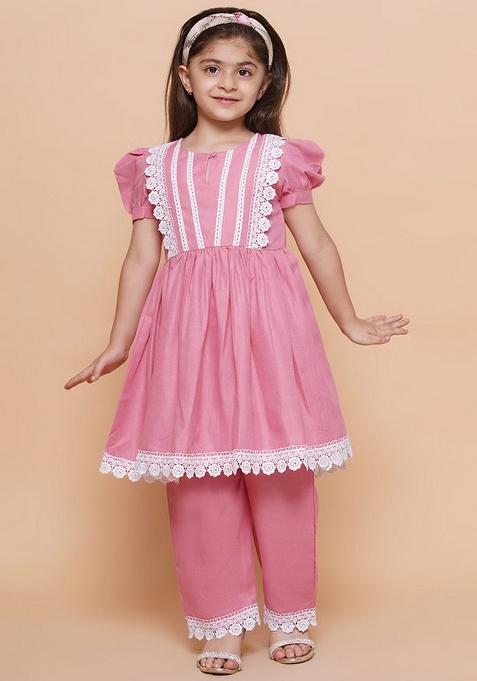 Baby Pink Embellished Cotton Palazzo Set For Girls — view on Indya