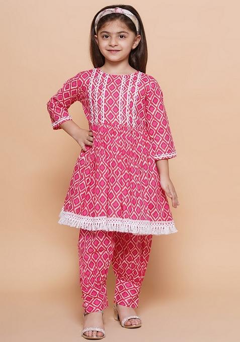 Pink Printed Cotton Palazzo Set For Girls — view on Indya