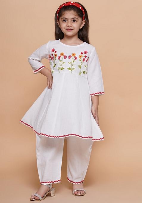 White Embroidered Cotton Palazzo Set For Girls — view on Indya