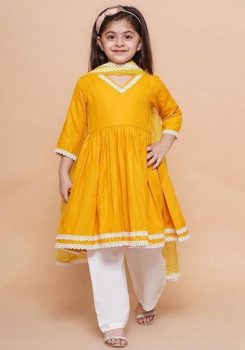 Mustard And White Solid Cotton Palazzo Set For Girls — view on Indya