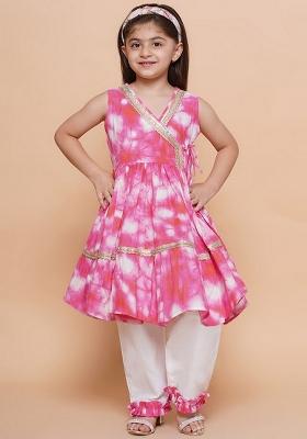 Pink And White Tie And Dye Cotton Palazzo Set For Girls