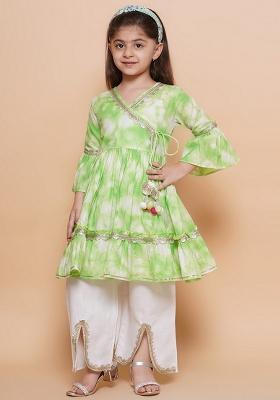 Green And White Tie And Dye Cotton Palazzo Set For Girls