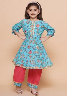 Sky Blue And Peach Printed Cotton Palazzo Set For Girls
