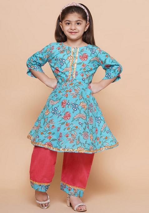 Sky Blue And Peach Printed Cotton Palazzo Set For Girls — view on Indya