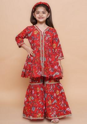 Red Printed Cotton Palazzo Set For Girls
