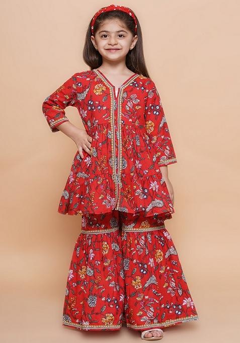 Red Printed Cotton Palazzo Set For Girls — view on Indya