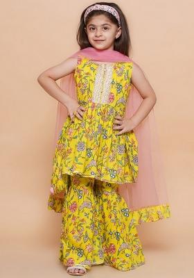 Yellow And Pink Printed Cotton Sharara Set For Girls