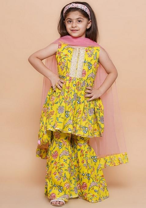 Yellow And Pink Printed Cotton Sharara Set For Girls — view on Indya