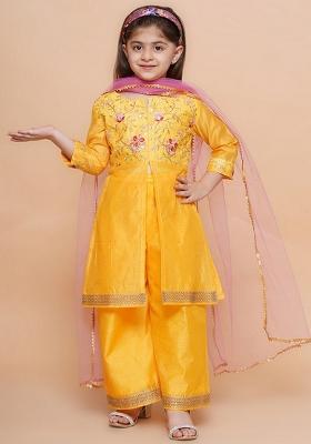 Mustard And Pink Embroidered Silk Sharara Set For Girls