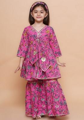 Pink Printed Cotton Sharara Set For Girls