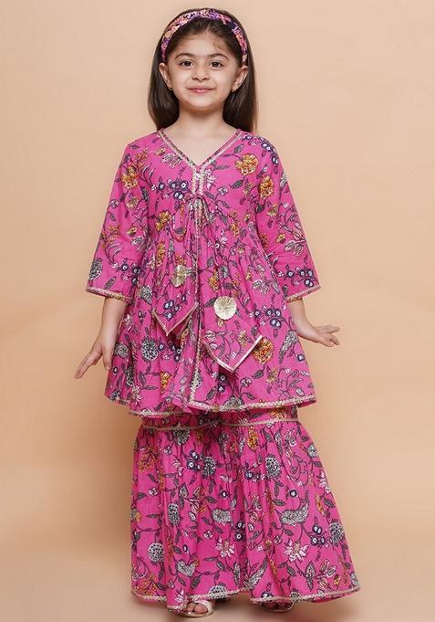 Pink Printed Cotton Sharara Set For Girls — view on Indya