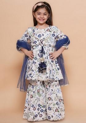 White And Blue Printed Cotton Kurta Set For Girls