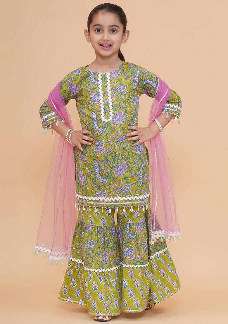 Green Printed Cotton Sharara Set For Girls - Indya