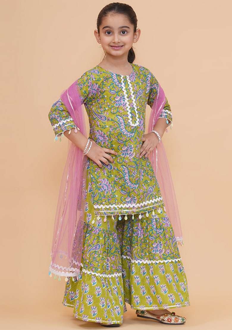 Green Printed Cotton Sharara Set For Girls - Indya