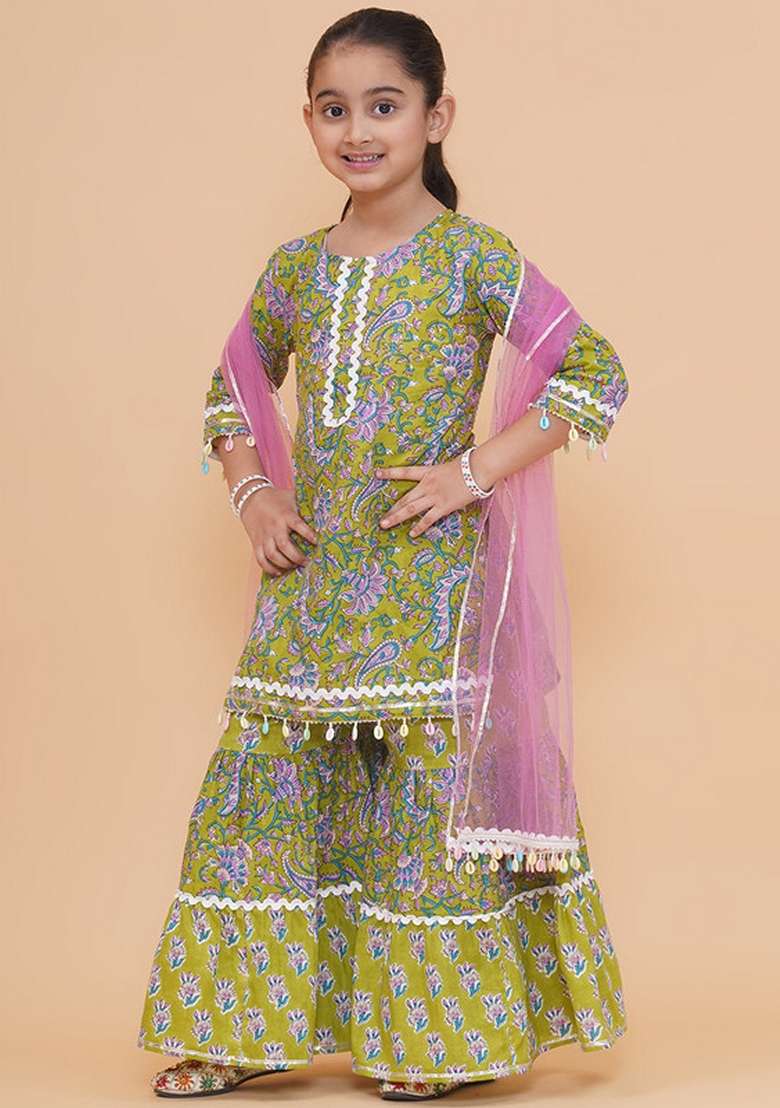Green Printed Cotton Sharara Set For Girls - Indya