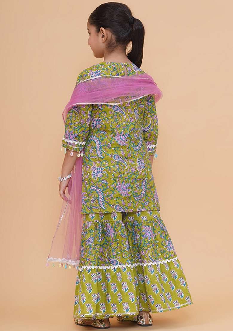 Green Printed Cotton Sharara Set For Girls - Indya
