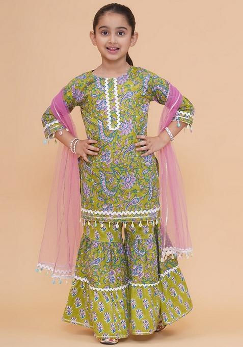 Green Printed Cotton Sharara Set For Girls — view on Indya