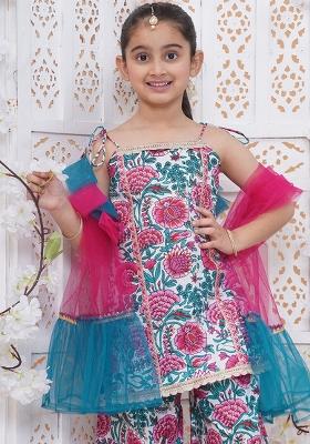 White And Green Floral Print Cotton Sharara Set For Girls