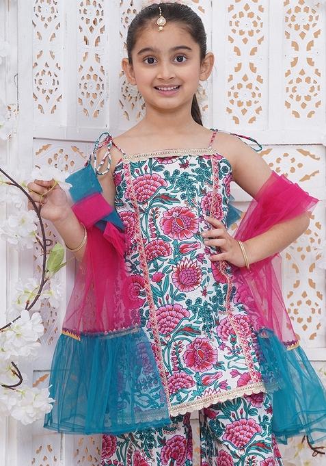 White And Green Floral Print Cotton Sharara Set For Girls — view on Indya