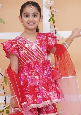 Red Floral Print Cotton Sharara Set For Girls